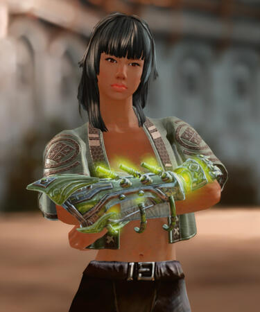 Taejun Hak, "---" An inventor with few equals. Hailing from Cantha, Taejun Hak is a stoic woman, stubborn with a spine of steel and values integrity above all else. Hak and her V.I, Jiwon, travel all over Tyria in search of new technology.